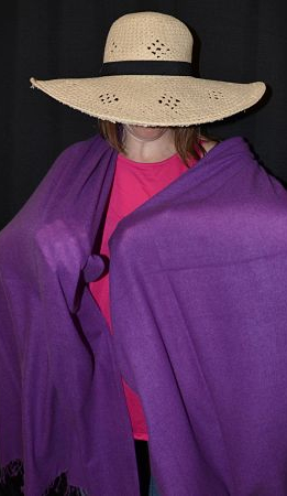 Empar is wearing a Dark Lilac basic square weave <b>100% pashmina</b> Sagarmatha shawl